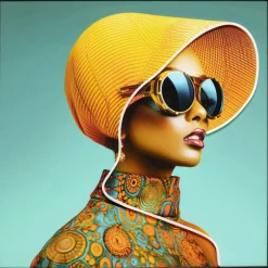 Tableau encadré LED Sun Hat Woman jaune 80x80cm><noscript><img width=